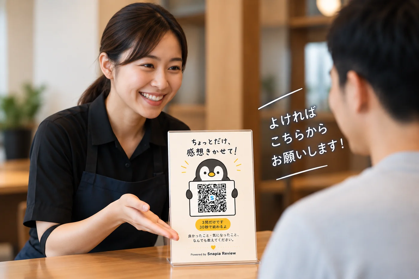 スタッフがお客様にQRをご案内している様子